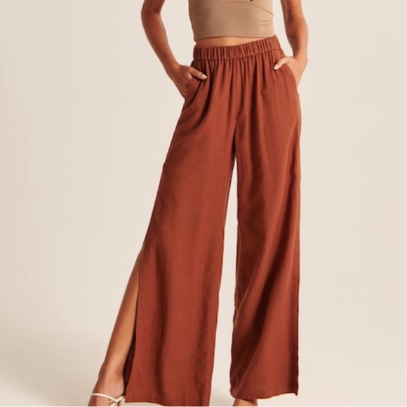 Abercrombie & Fitch Wide Leg Linen-Blend Dark Red Elastic Waist Pants Size XXS - Picture 1 of 16